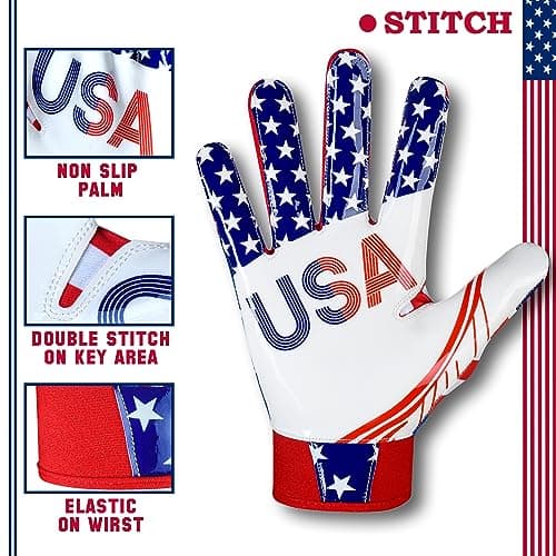 American Flag Football Receiver Gloves for Men, Adults, and Youth