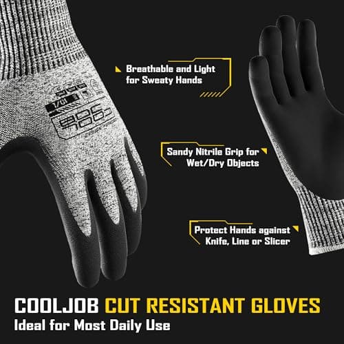COOLJOB Cut Resistant Fishing Gloves for Men with Nitrile Coating, Touchscreen Friendly, Grey, Medium