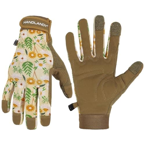 HANDLANDY Women's Touch Screen Safety Work Gloves for Yardwork Gardening — Khaki With Printing