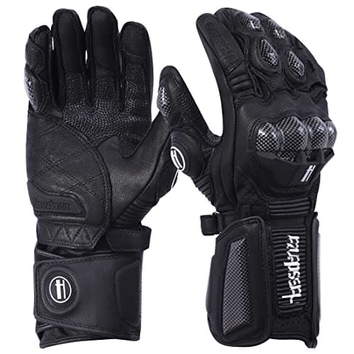 Harssidanzar Leather Motorbike Gloves, Carbon Fiber Knuckle Protection KM045