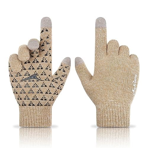 Achiou Winter Gloves for Men & Women - Touch Screen Compatible Warm Running Gloves — White & Khaki