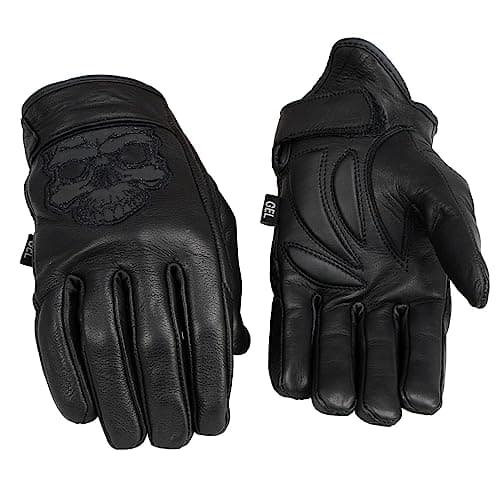 Men's Black Leather Motorcycle Gloves with Reflective Skull Detail