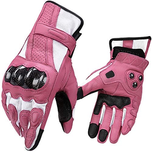 INBIKE Women's Black Leather Motorcycle Gloves with Touch Screen Carbon Fiber Knuckles Large — Pink