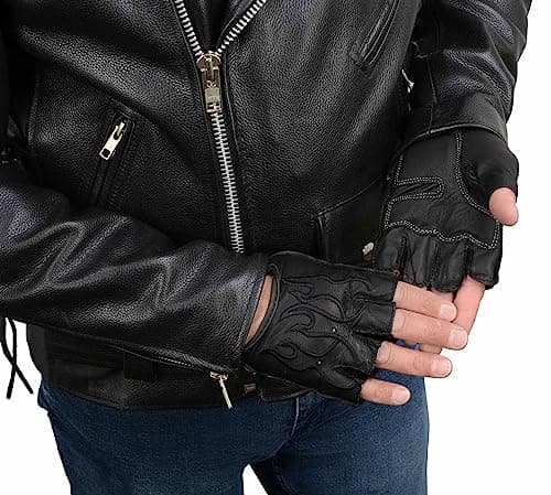 Milwaukee Black Leather Gel Padded Motorcycle Gloves with Orange Flame