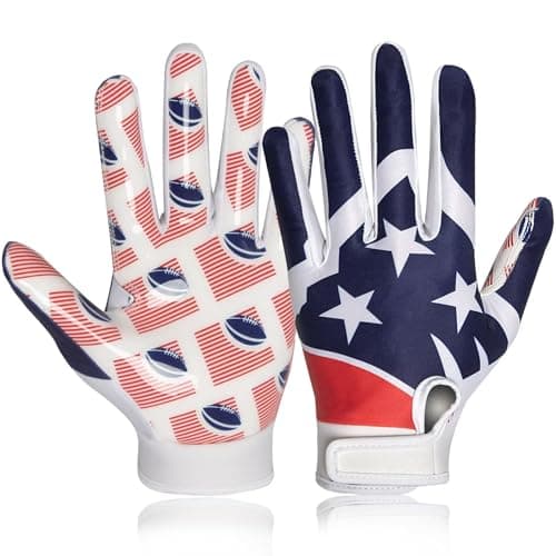 Football Gloves for Men, Youth, and Adults with Super Tacky Grip — Blue & Red & White