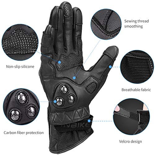 INBIKE Women's Black Leather Motorcycle Gloves with Touch Screen Carbon Fiber Knuckles Large