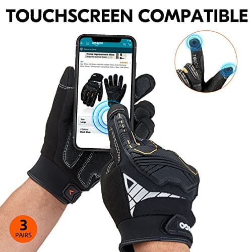Vgo 3-Pairs Heavy Duty Synthetic Leather Mechanic Gloves, Size L, Black