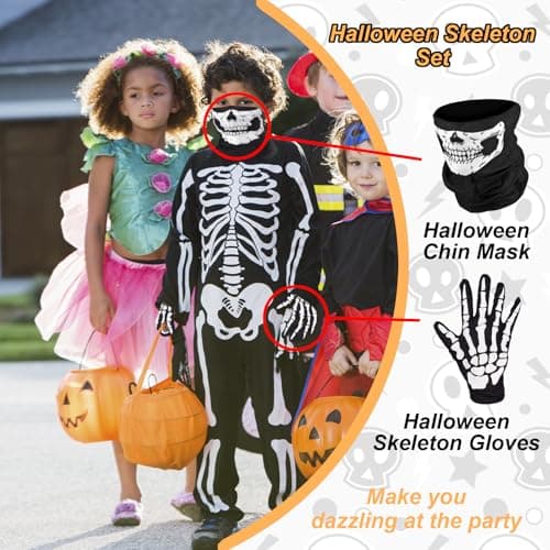 Villorem Full Finger Skeleton Gloves & Skull Mask for Halloween Party