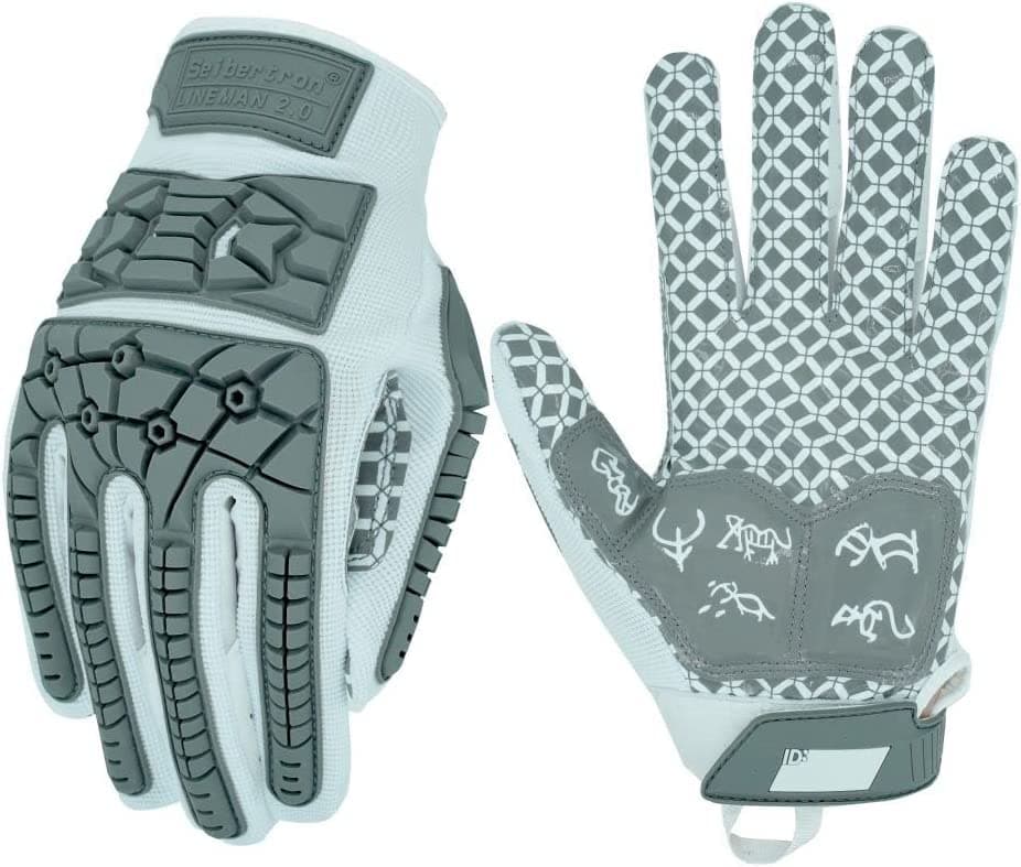 Seibertron Lineman 2.0 Padded Palm Football Gloves, TPR Protection Adult & Youth Sizes — white