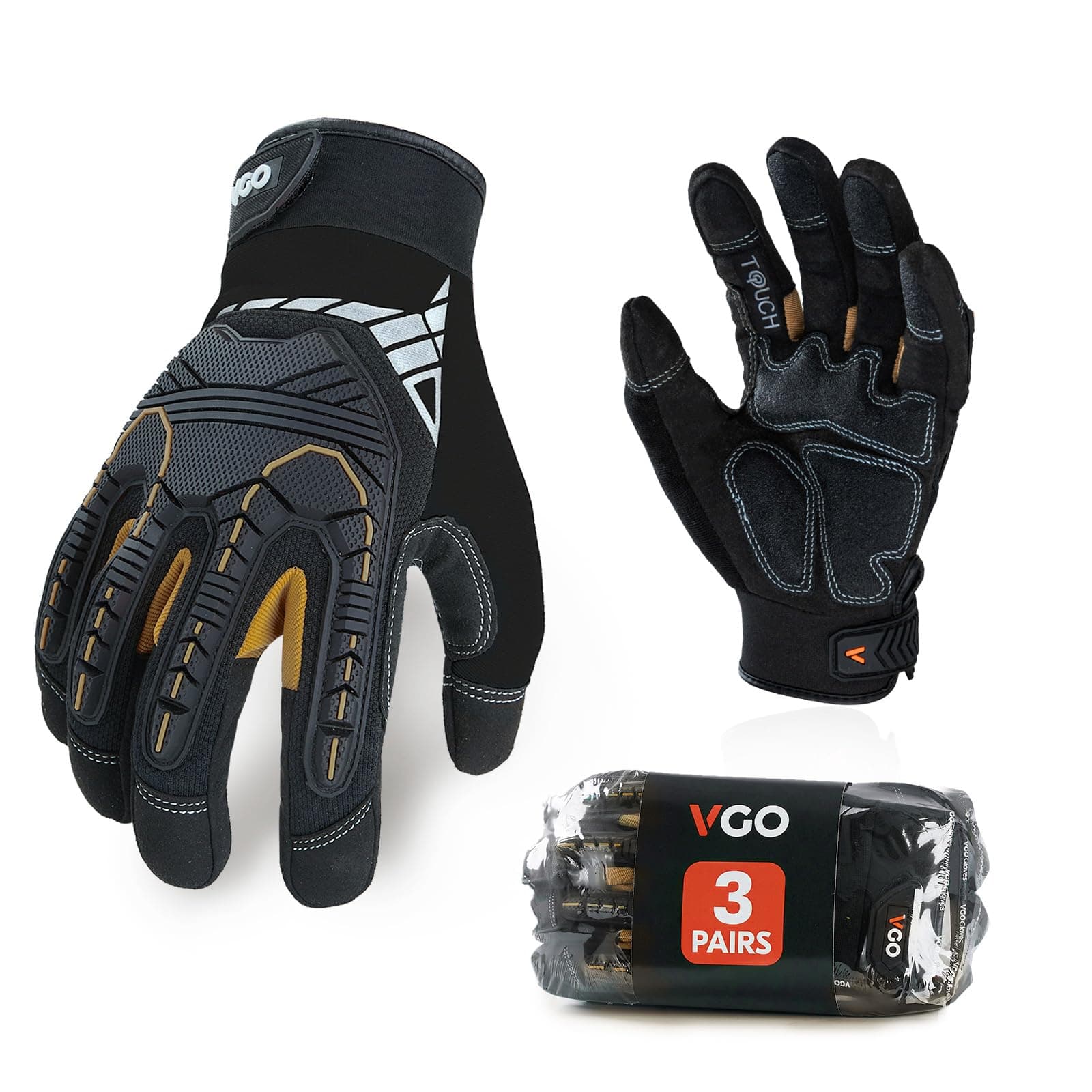 Vgo 3-Pairs Heavy Duty Synthetic Leather Mechanic Gloves, Size L, Black