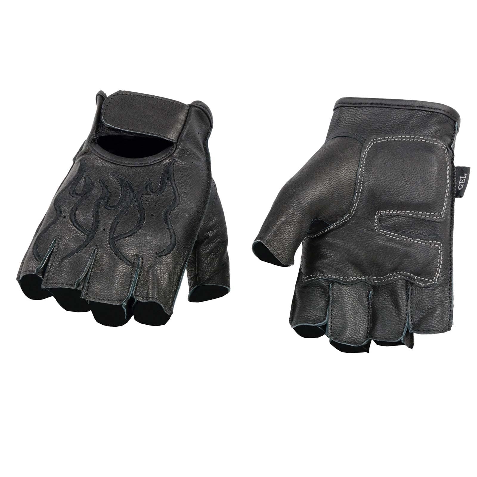 Milwaukee Black Leather Gel Padded Motorcycle Gloves with Orange Flame