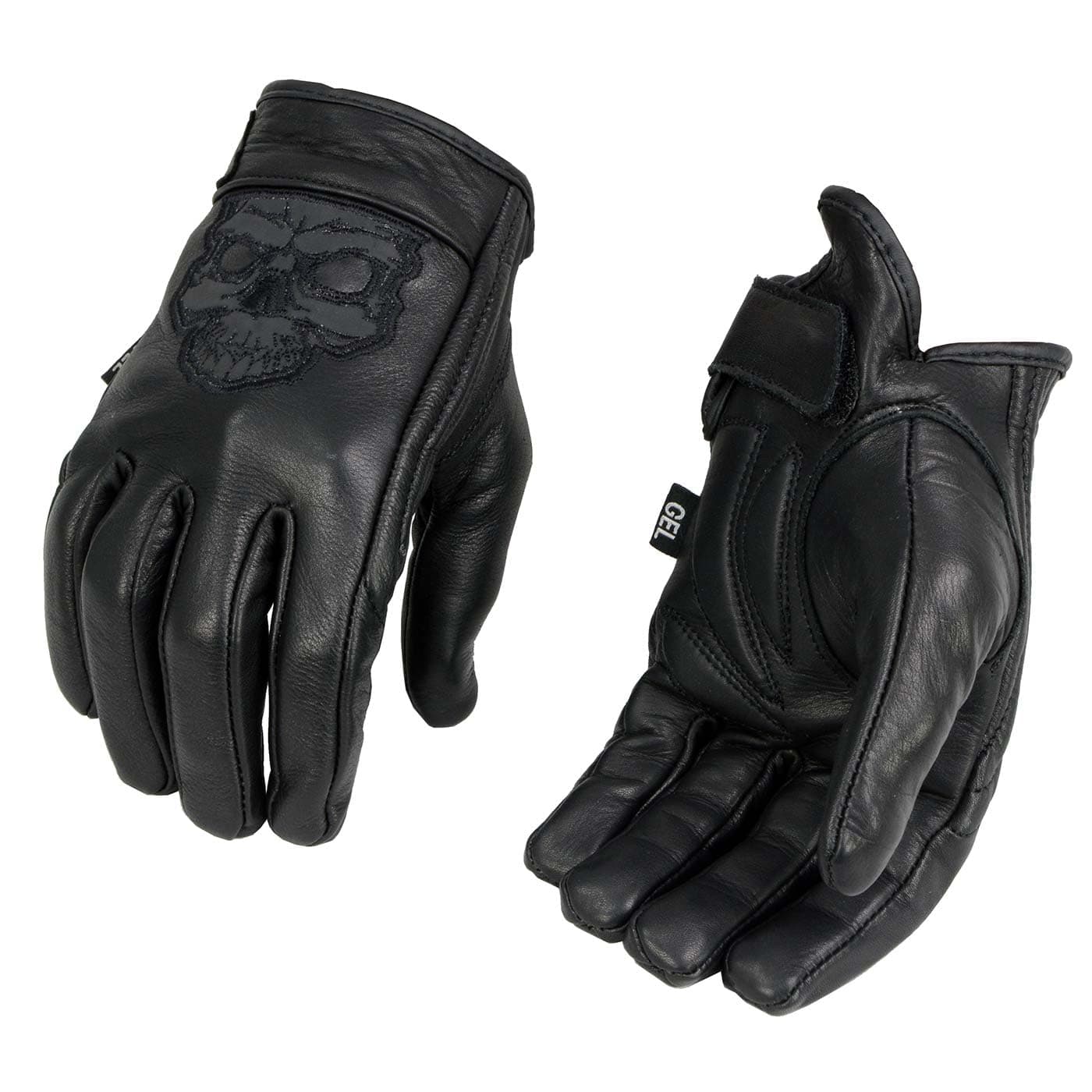 Men's Black Leather Motorcycle Gloves with Reflective Skull Detail