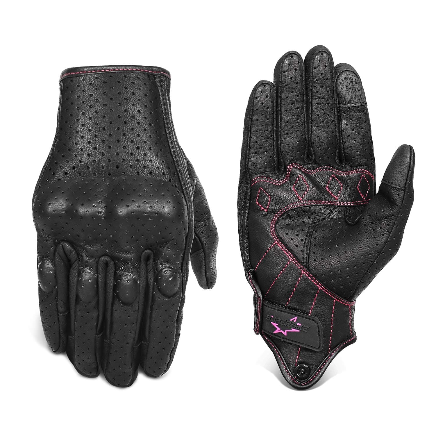 Women's Black Leather Armed Motorcycle Gloves M G01W with Rose Line