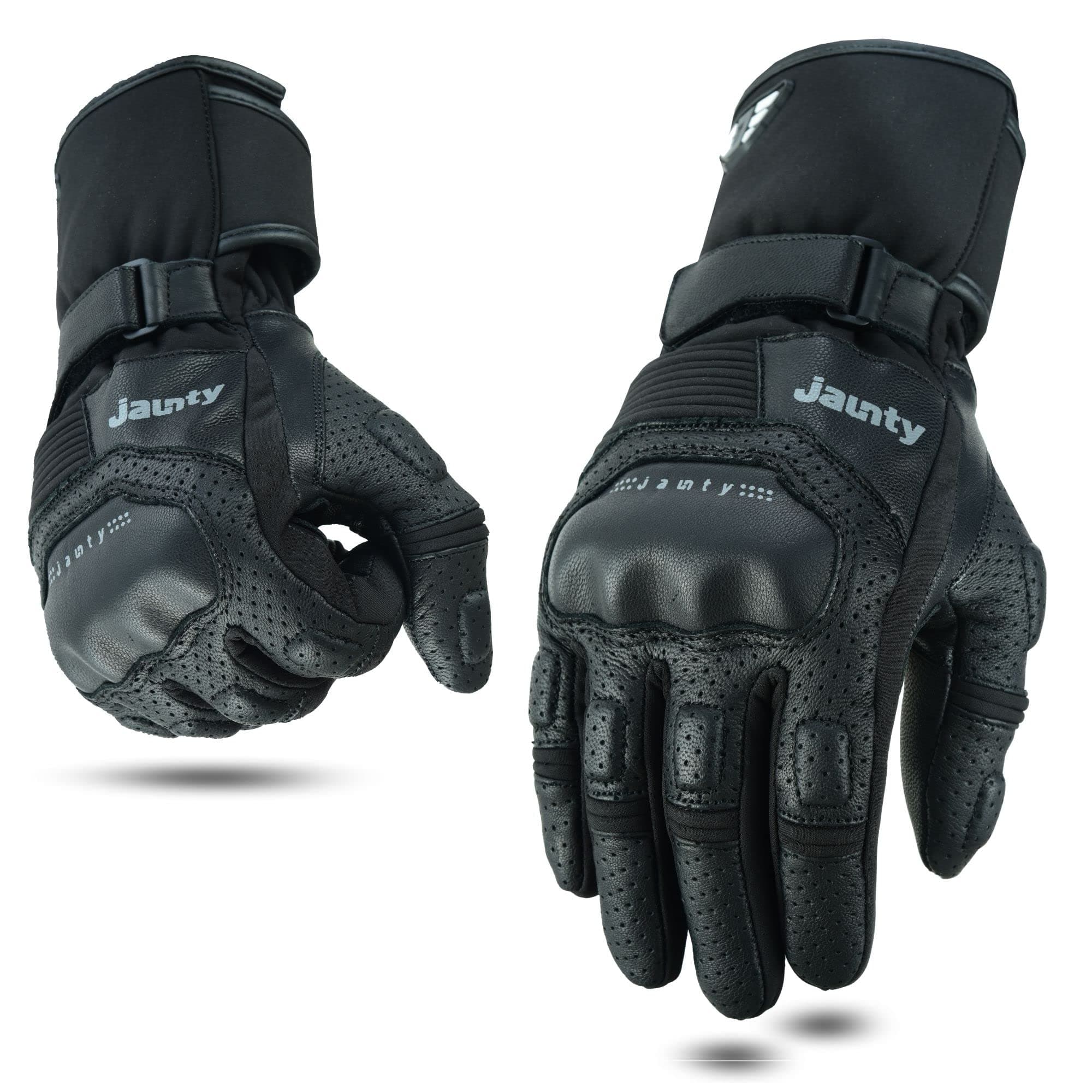 JAUNTY Unisex Summer Leather Racing Gloves, Knuckle Protection, Touchscreen Compatible, Perforated Black FIM Approved