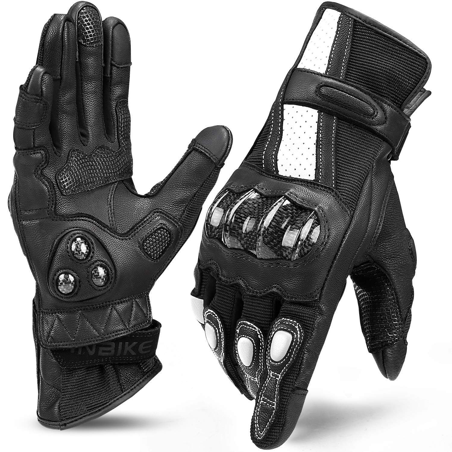 INBIKE Women's Black Leather Motorcycle Gloves with Touch Screen Carbon Fiber Knuckles Large