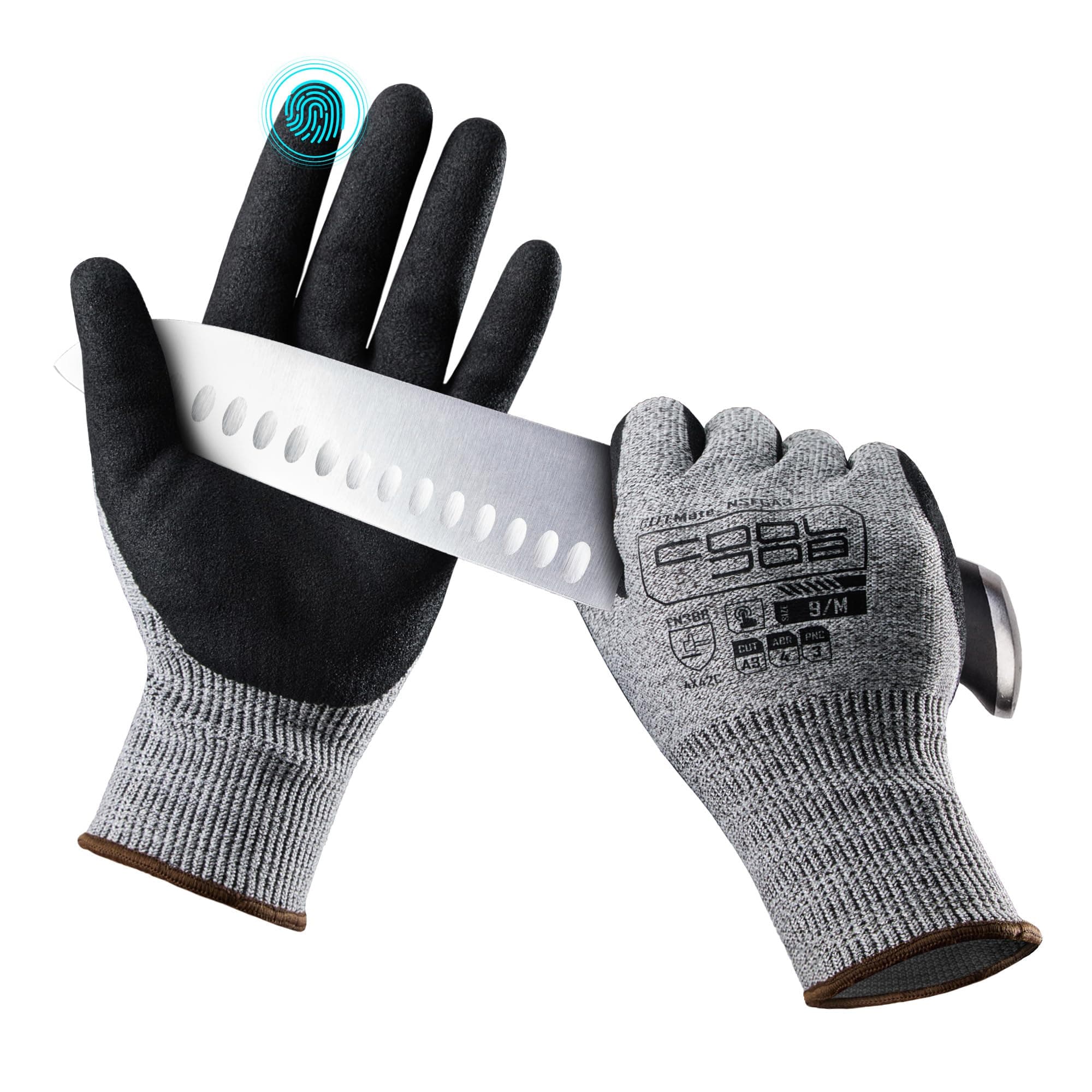 COOLJOB Cut Resistant Fishing Gloves for Men with Nitrile Coating, Touchscreen Friendly, Grey, Medium