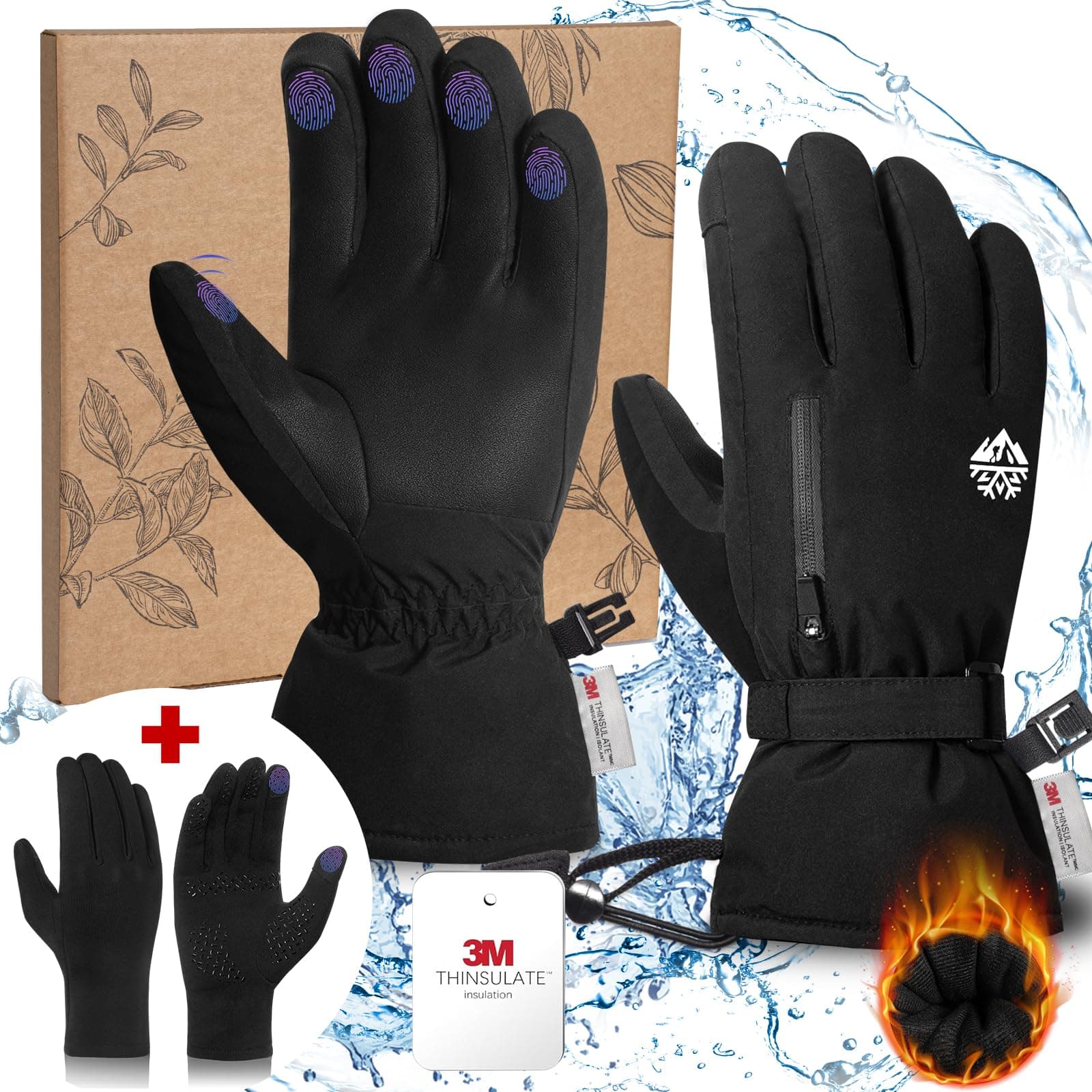 RIGWARL 2-in-1 Snow Gloves with 3M Thinsulate & Zipper Pocket, Men's X-Large
