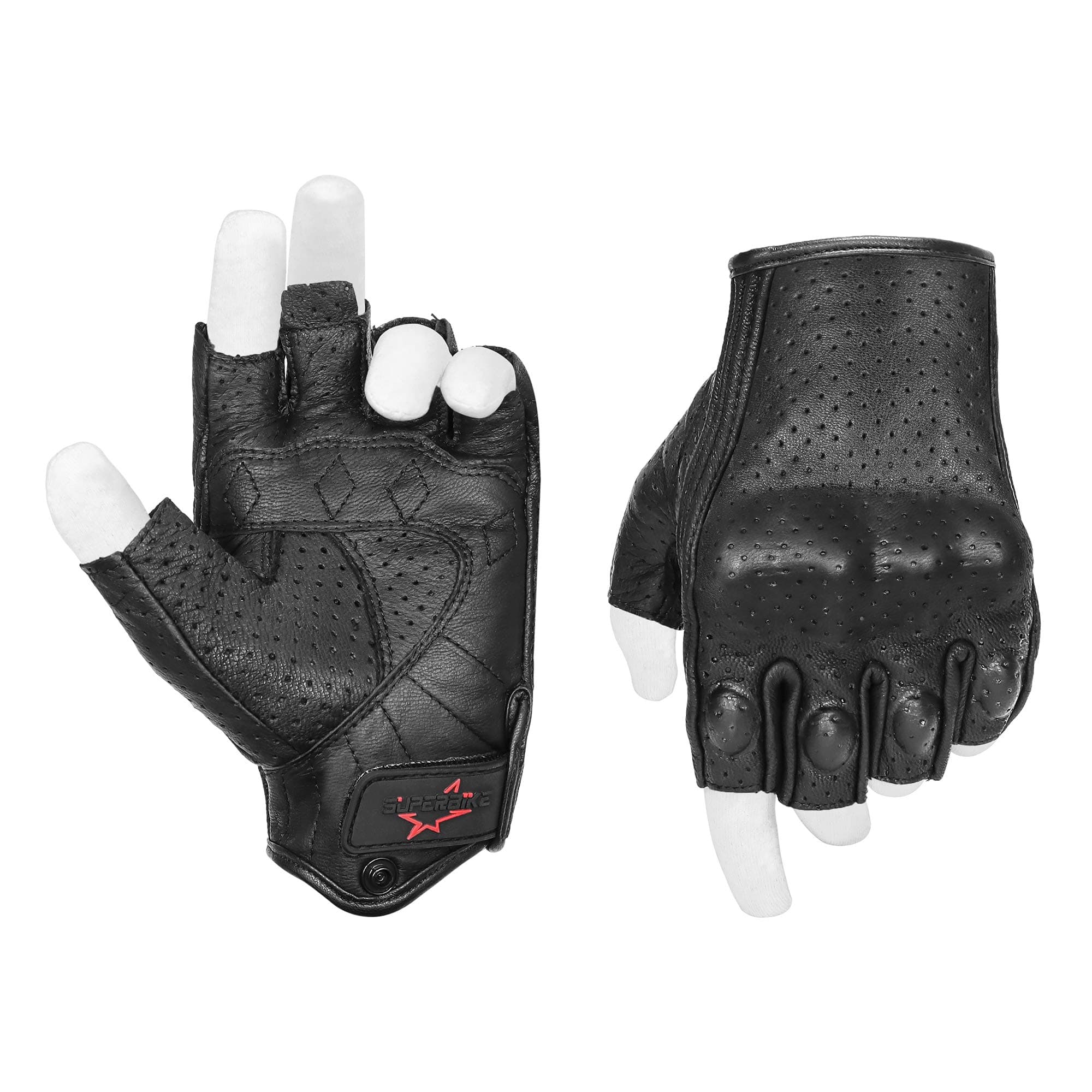 Black Leather Half Finger Motorcycling Gloves for Men XXL(G11)